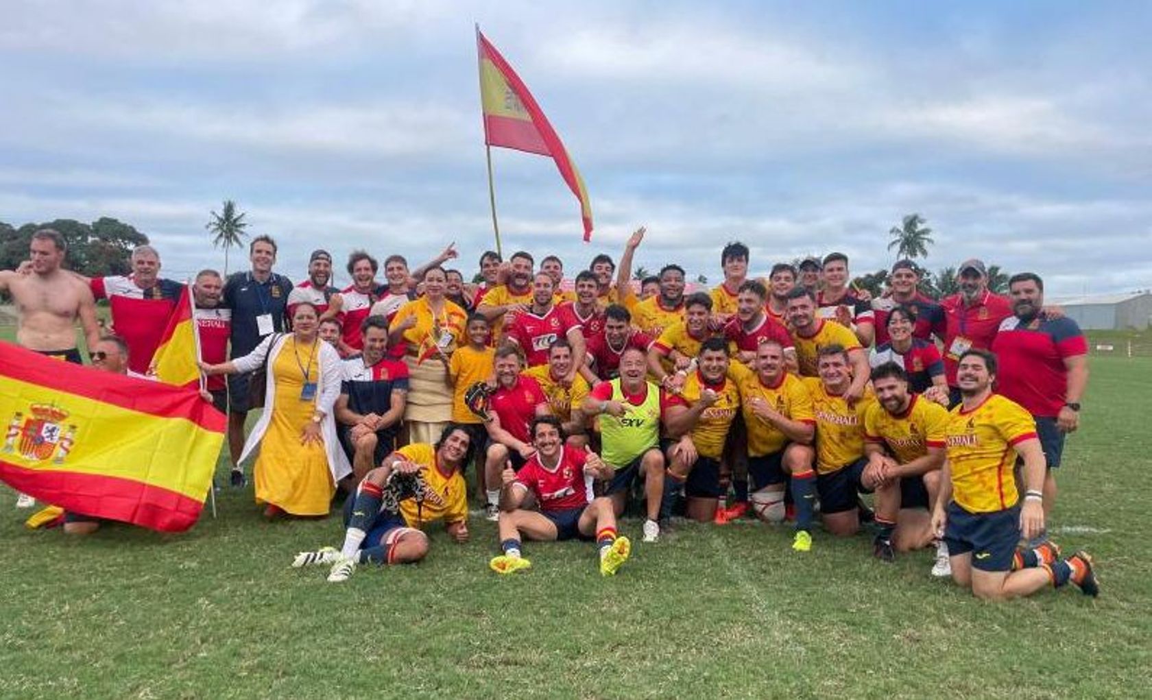 Spain men celebrate after beating Tonga