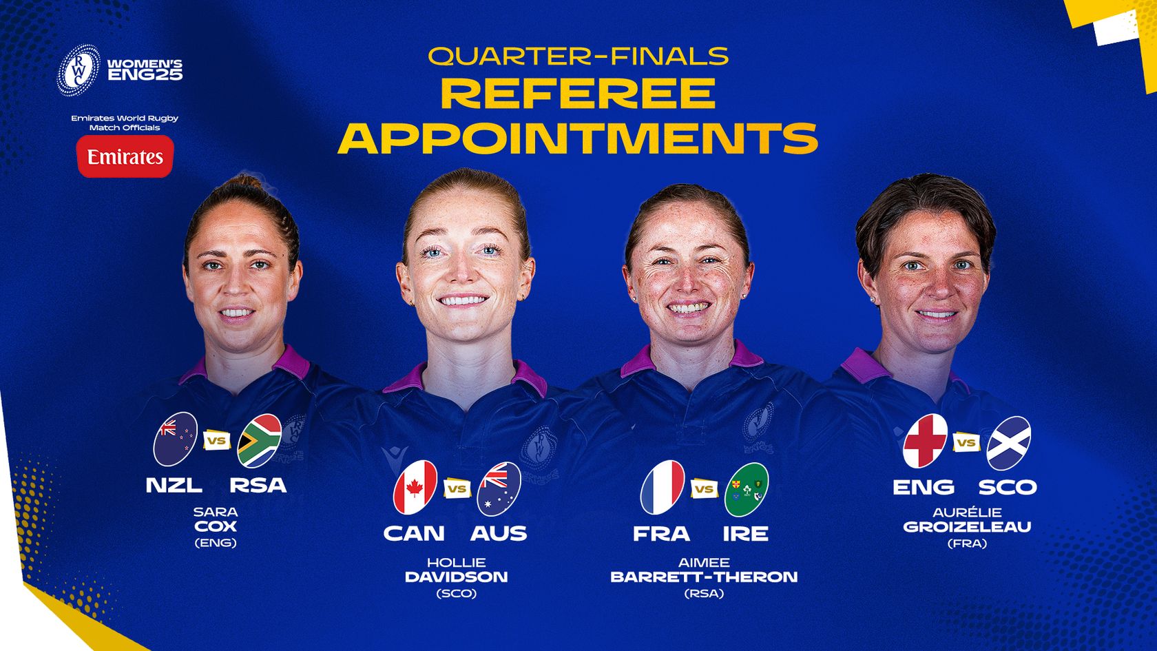 RWC 2025 quarter-final match official appointments graphic 16x9