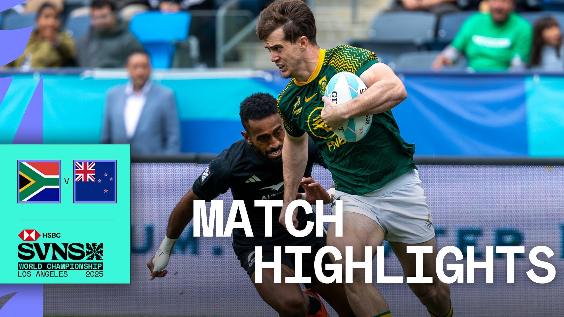 An action shot from a rugby match between South Africa and New Zealand in Los Angeles